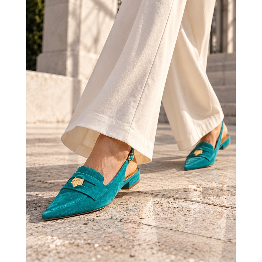 NWOB Talbots Scarlet Suede Pointed Toe Slingback Flats Turquoise 5.5 Leather